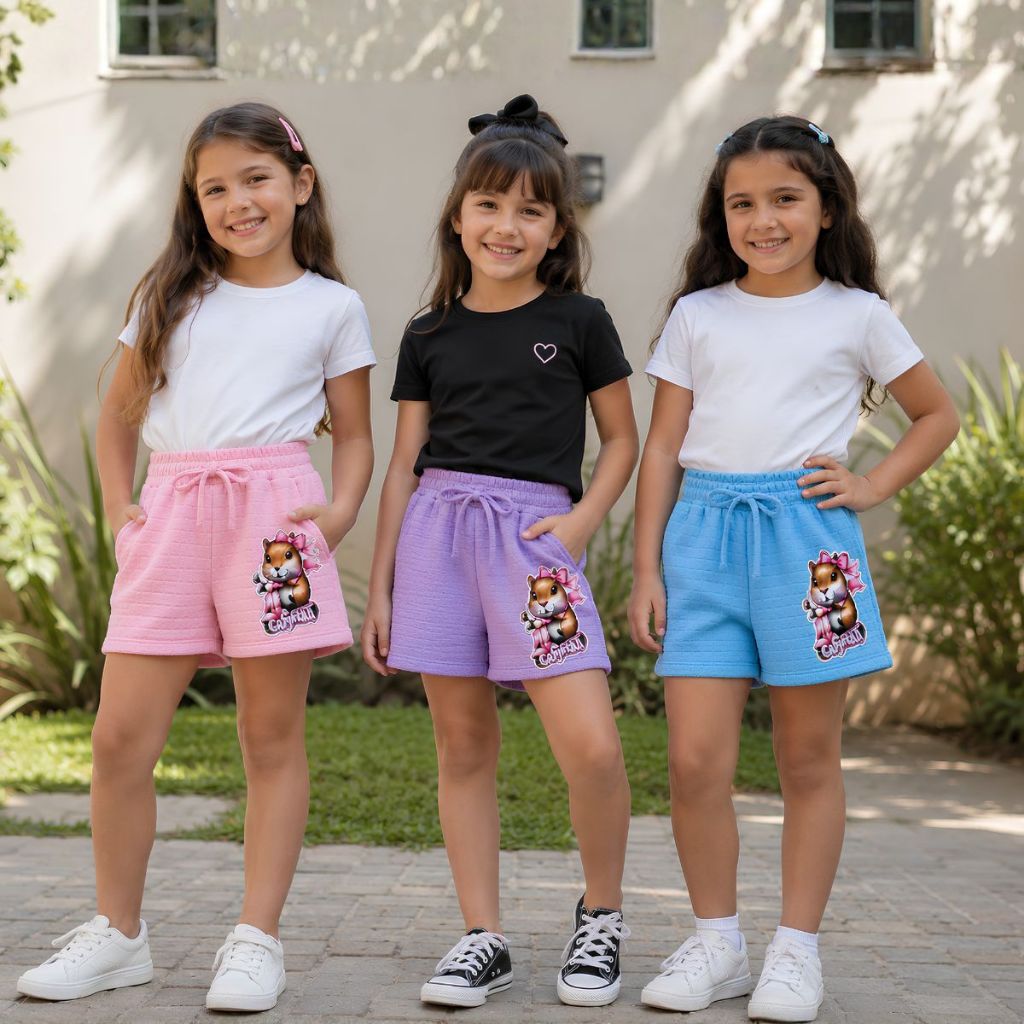 Kit 3 Shorts Infantil Menina Estampados Cores Sortidas Bermuda Feminina Confortável