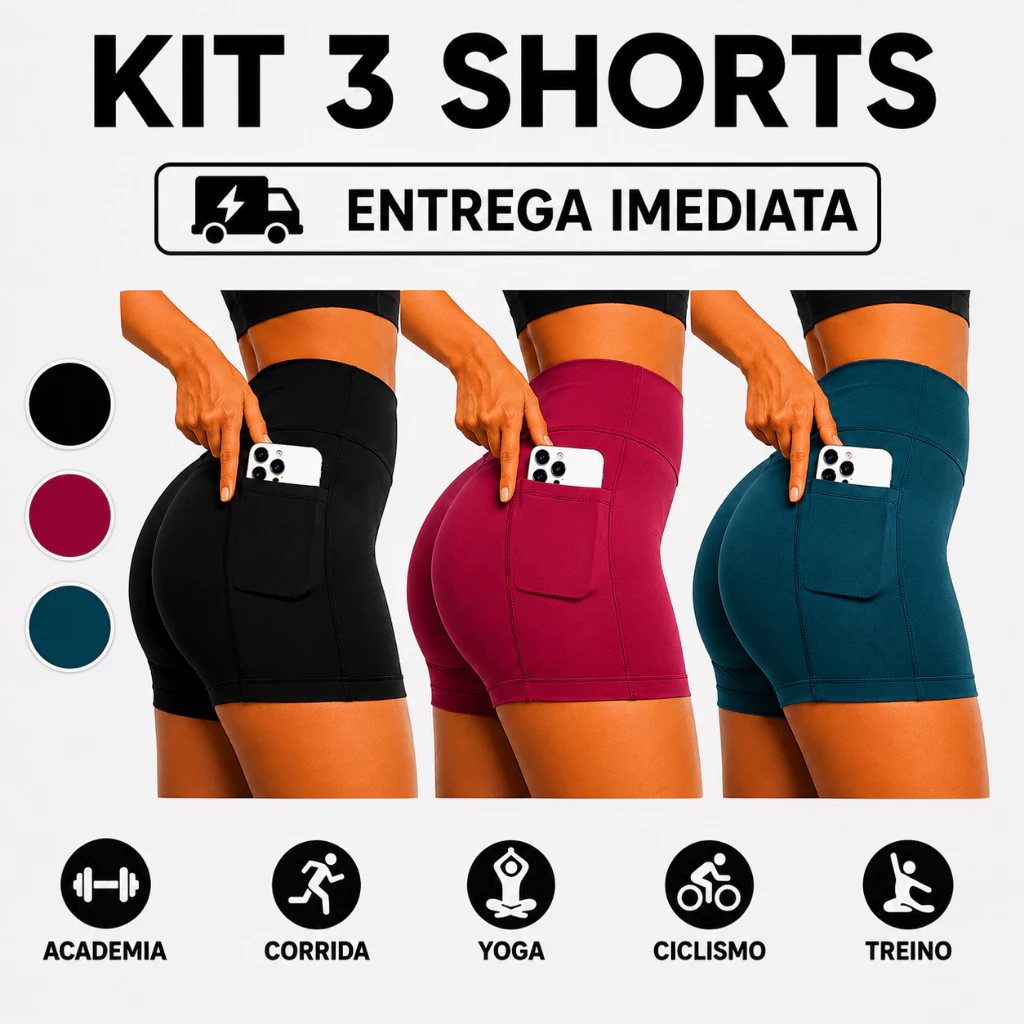 Kit 3 Shorts Com Bolso Feminino Academia Ciclismo Cintura Alta Zero Transparência Meia Coxa Tecido Suplex — imagem 1