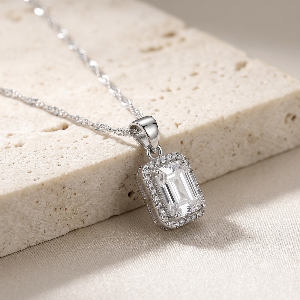Colar Feminino Aço Inoxidável Prata Corrente Cingapura Pingente Retangular Zircônia Ponto de Luz Elegante Não Escurece