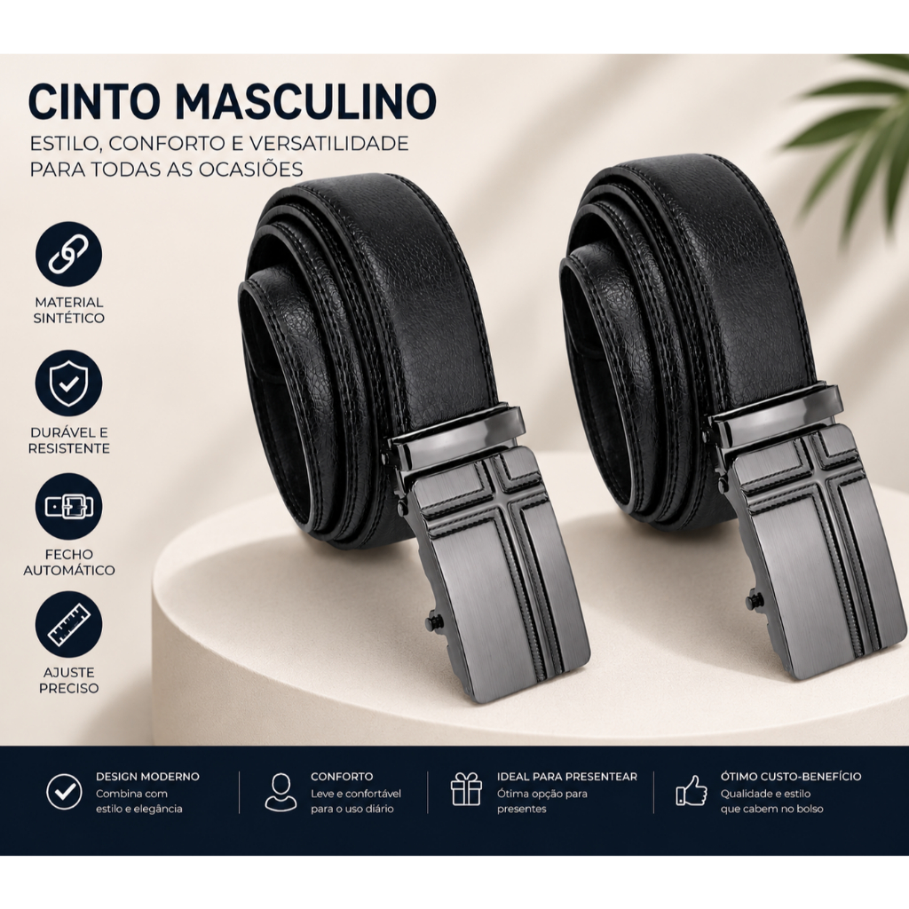 Kit 2 Cintos Social Masculino Em Couro Fivela Automática Prática Ajustável Elegante
