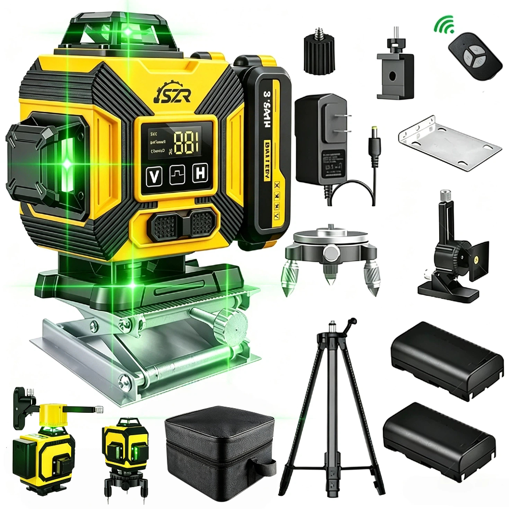 Nível Laser Verde 12/16 Linhas Autonivelante 360° - Recarregável com Controle Remoto 3D/4D Profissional