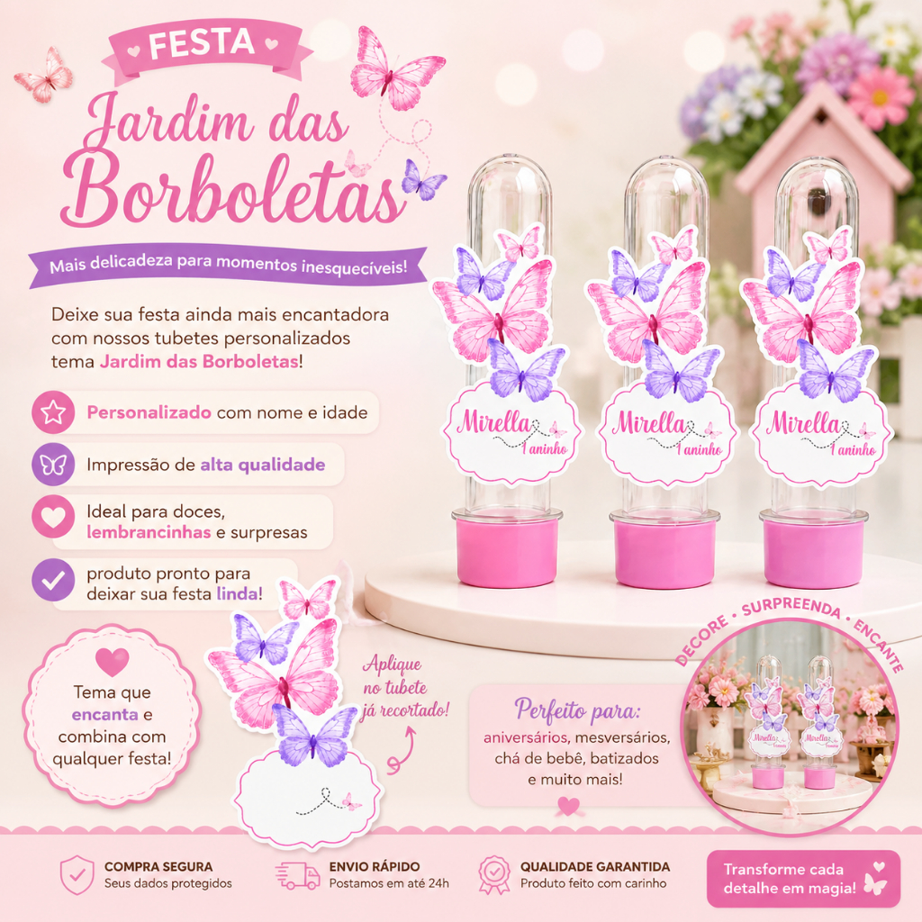 Aplique para Tubete Lembrancinha Festa Jardim Encantado Borboletas Personalizado aniversario
