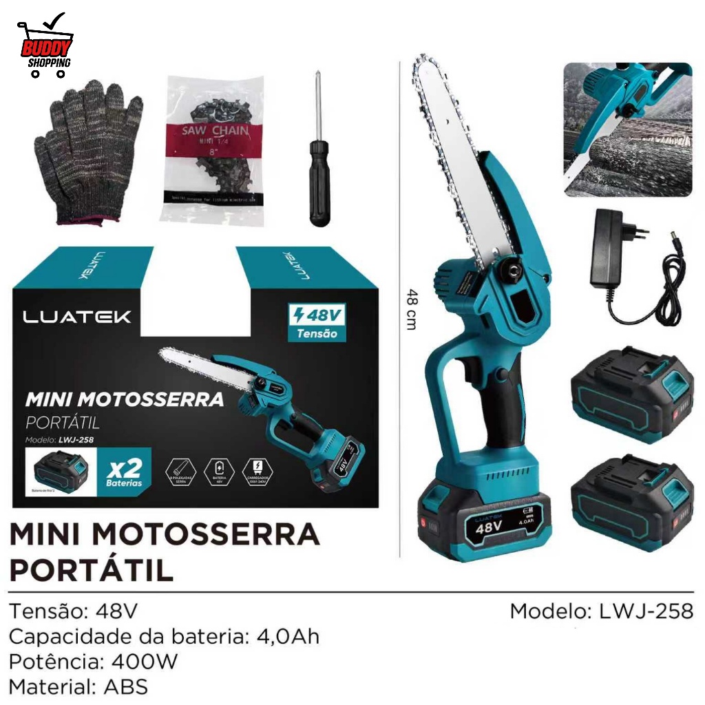 Kit Mini Motosserra Elétrica 48V 8 Polegadas com 2 Baterias e Corrente Extra Bivolt Luatek
