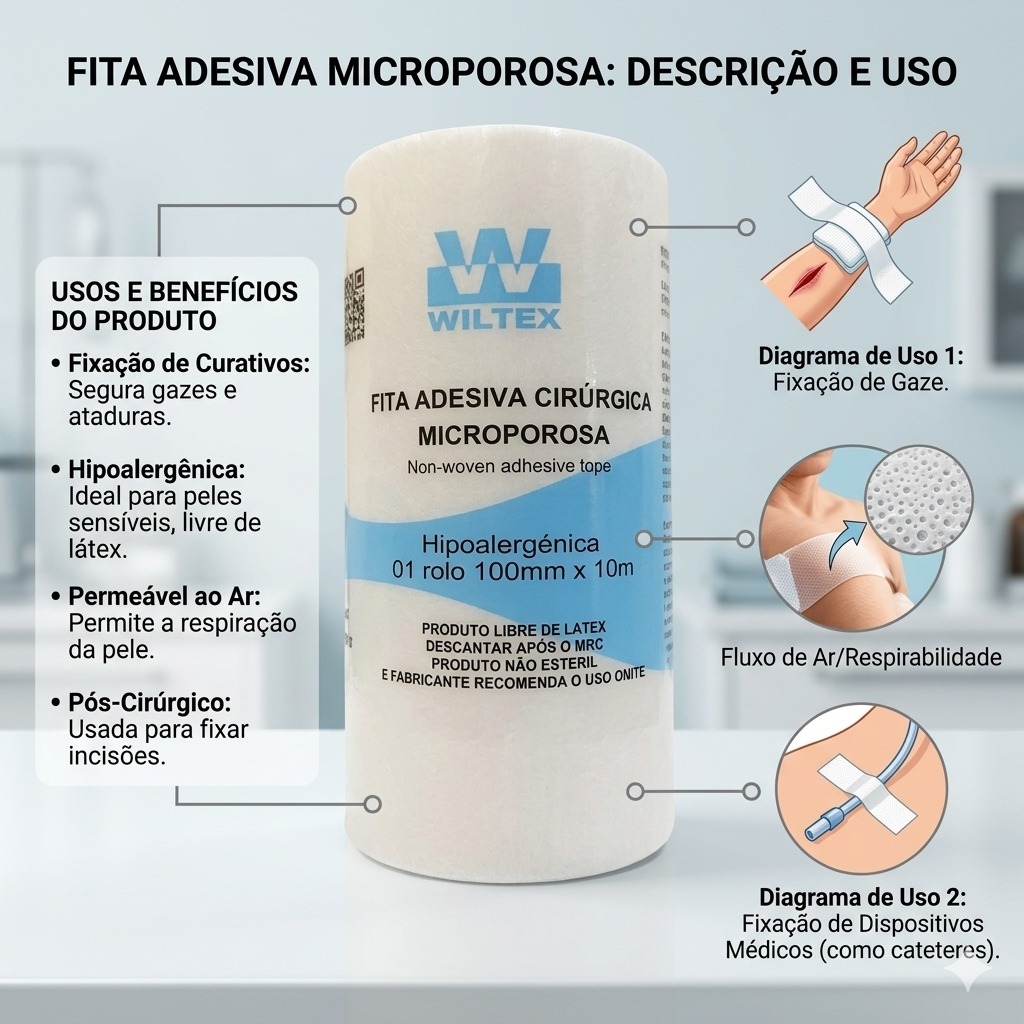 Detalhes do Kit 2 Fita Microporosa Cirúrgica Branca 10cm X 10m - Wiltex