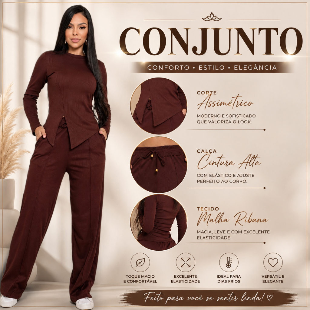 Conjunto Feminino Malha Ribana Canelada Blusa Assimétrica Calça Wide Leg Cintura Alta Elegante Inverno Marrom Chocolate