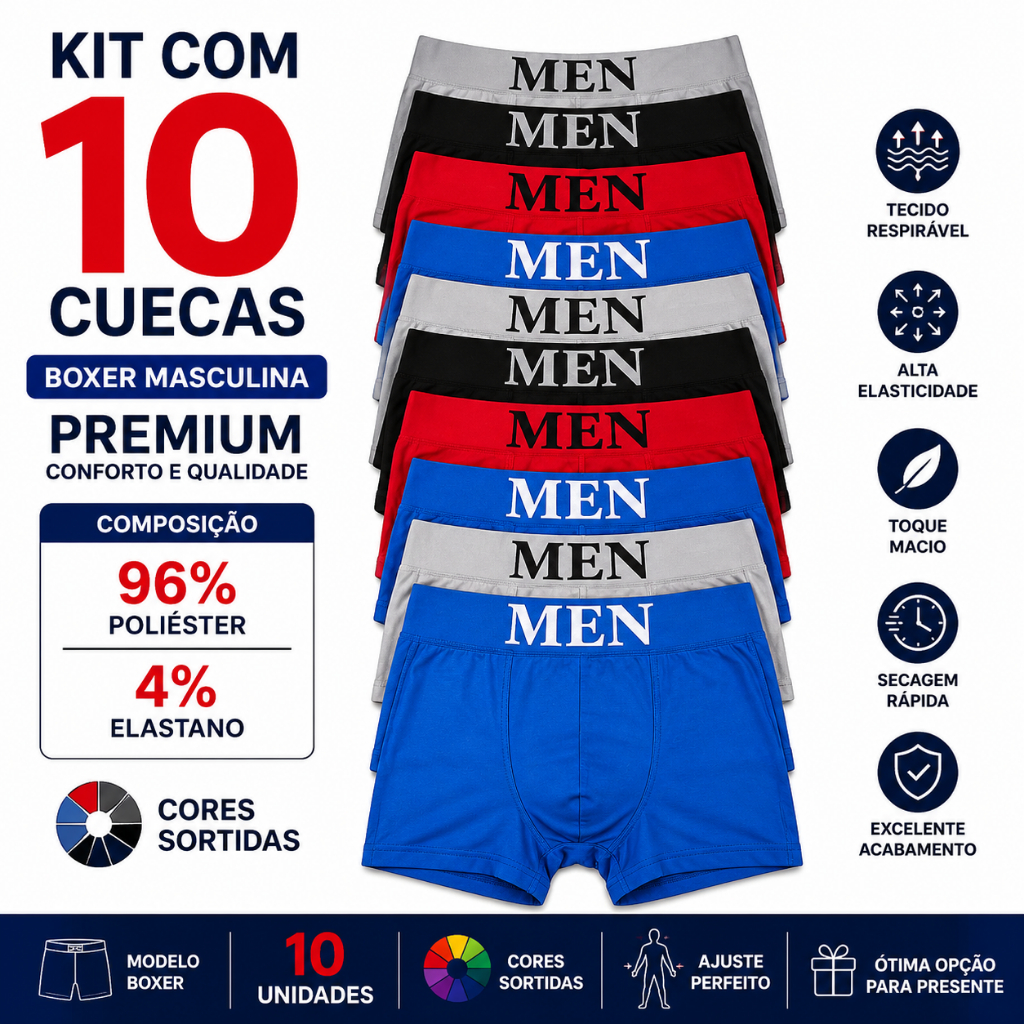 Kit Cueca Boxer Masculina 5 ou 10 Unidades Microfibra Premium Sem Costura Confortável Respirável Adulto