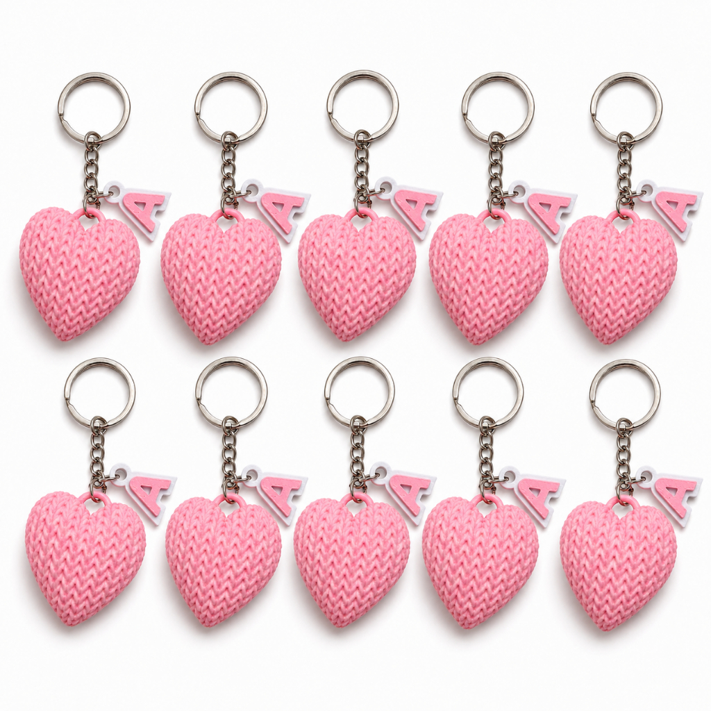 Kit Chaveiro Coração Tricô com Inicial Personalizado | 5, 10 ou 15 Unidades | Lembrancinha para Casamento, Chá de Bebê.