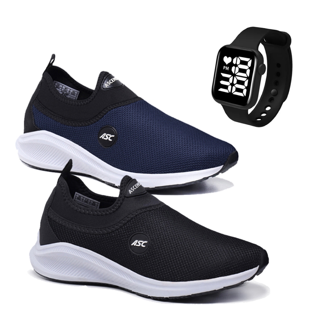Kit Econômico 2 Pares Tênis Calce Fácil Slip On + Relógio Moderno