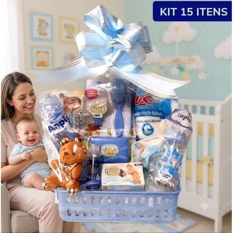 Kit Mamae Bebe Lembrancinha Cesta 15 itens presente chá de bebê cha de fraldas presente bebe recem nascido maternidade