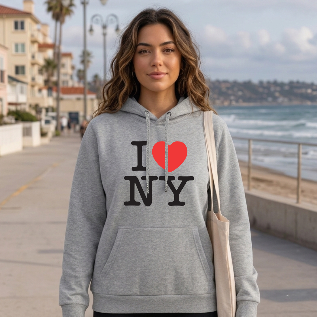 Blusa de Moletom Canguru NY com Capuz e Bolso Flanelado Estampado I love New York Casual Confortável Gringo Unissex