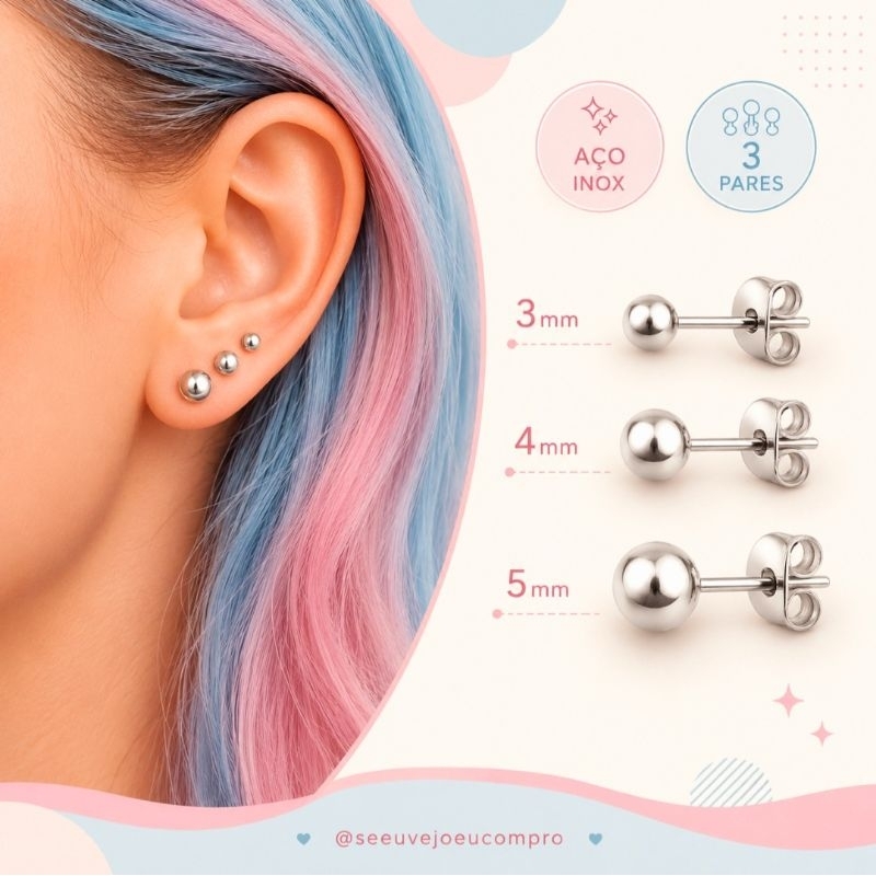 Trio Brinco Bolinha Aço Inox inoxidável Feminino Antialérgico Kit 3 Pares antialérgico prata bola
