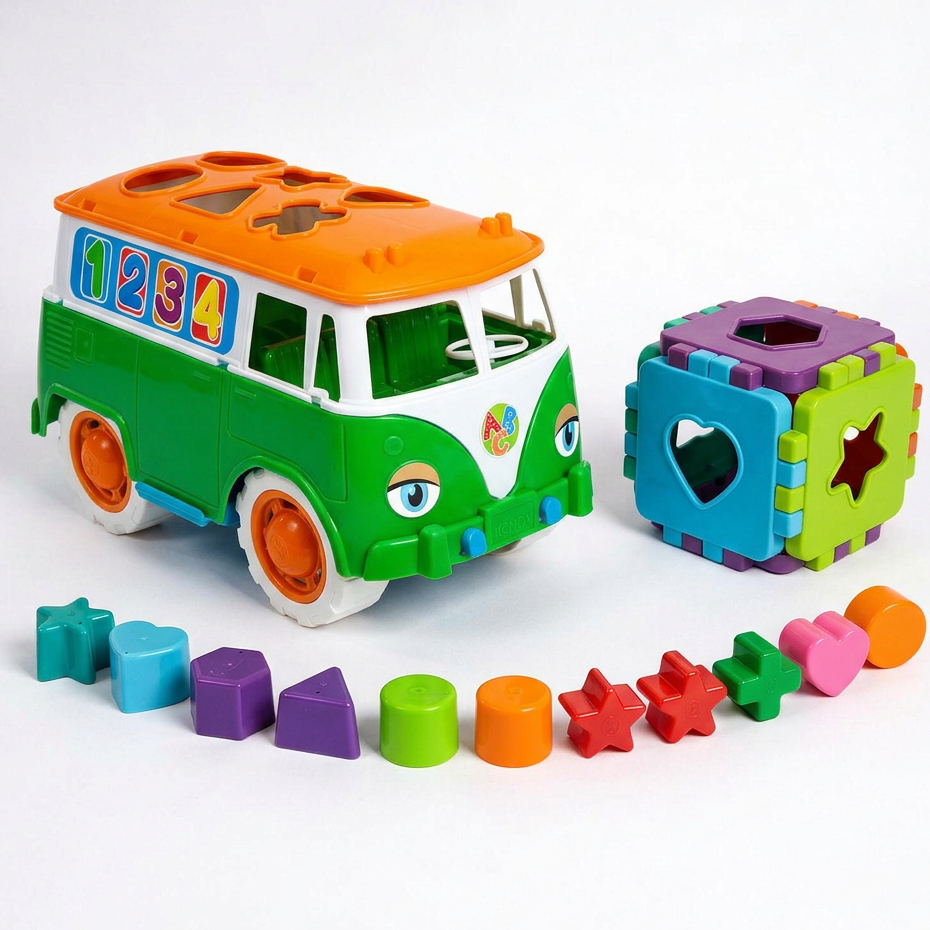 Kit Educativo Carrinho Kombi + Cubo | 3 Cores | Acompanha 12 Peças de Encaixar |