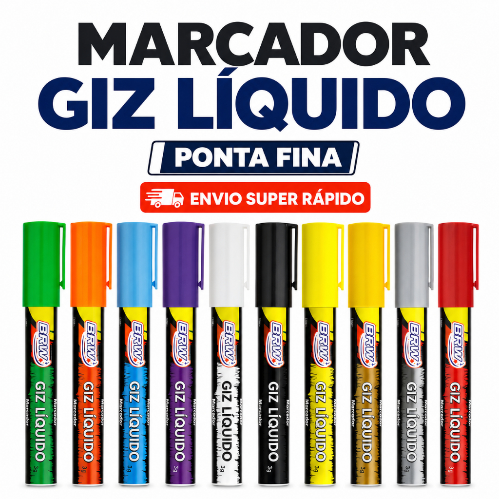 Caneta Marcador Giz Líquido BRW 6mm 4g Removível para Vidro Lousa Quadro Branco Vitrine Espelho Unidade