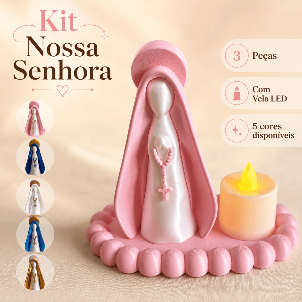 Kit Nossa Senhora 3 Peças Bandeja e Vela LED Decoração Religiosa Presente Católico Oratório Cantinho de Oração 10cm Casa
