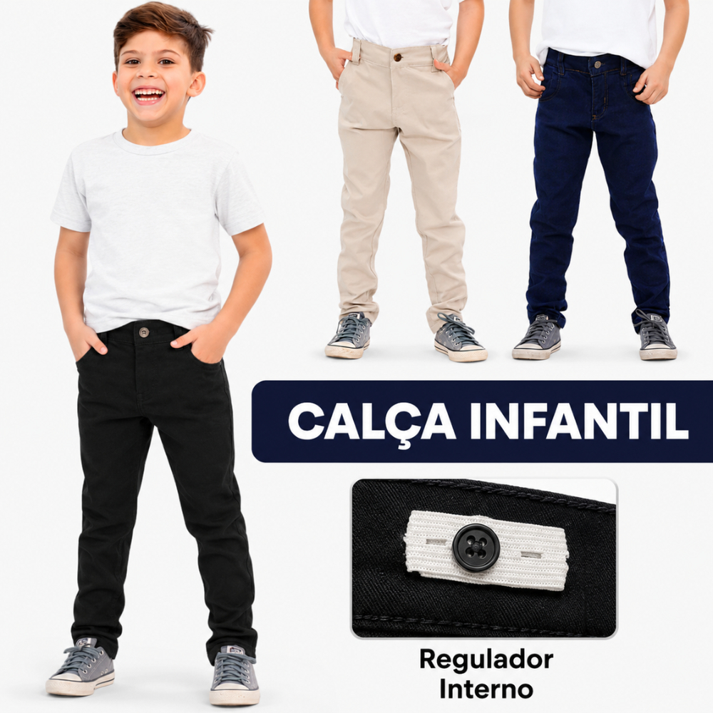Calça Infantil Menino Jeans Lycra Tradicional Ajuste Interno Tam 1 ao 16 Cores
