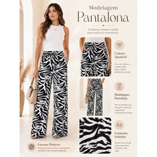 Calça Feminina Pantalona Estampa Zebra Cintura Alta com Cordão Wide Leg Soltinha Casual Moda