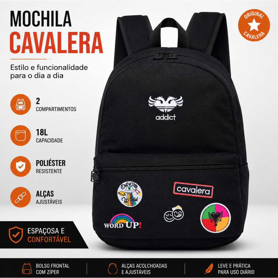 Mochila Cavalera Masculina Feminina 18L Poliéster Resistente 2 Compartimentos Escolar Trabalho Casual