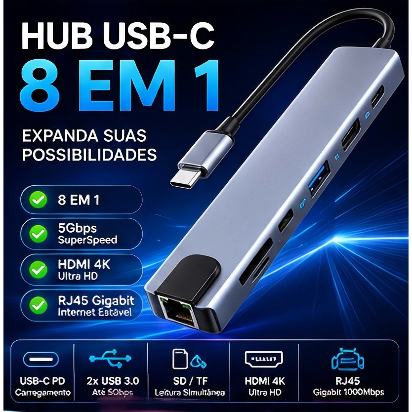 Hub USB C 8 Em 1 Adaptador HDMI 4K RJ45 USB 3.0 SD TF PD