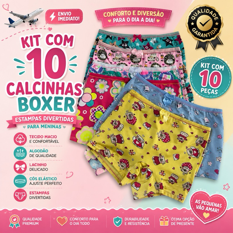 Kit com 10 Calcinhas Boxer Infantil de Microfibra feminina estampada desenhos