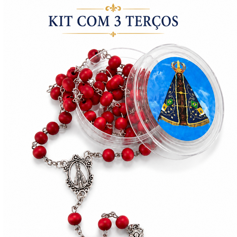 Kit 3 Terços Perfumados Nossa Senhora Aparecida Madeira Católico Lembrança Religiosa