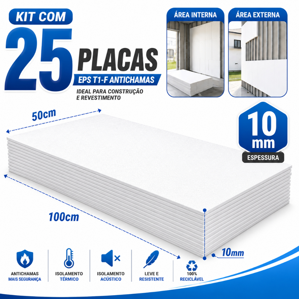 Kit 25 Placas Isopor EPS T1-F 10mm 100x50 Antichamas Construção Decoração Revestimento