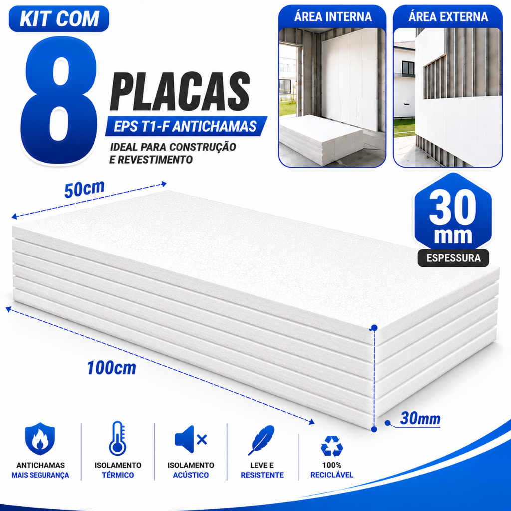 Kit 8 Placas Isopor EPS T1-F 30mm 100x50 Antichamas Construção Decoração