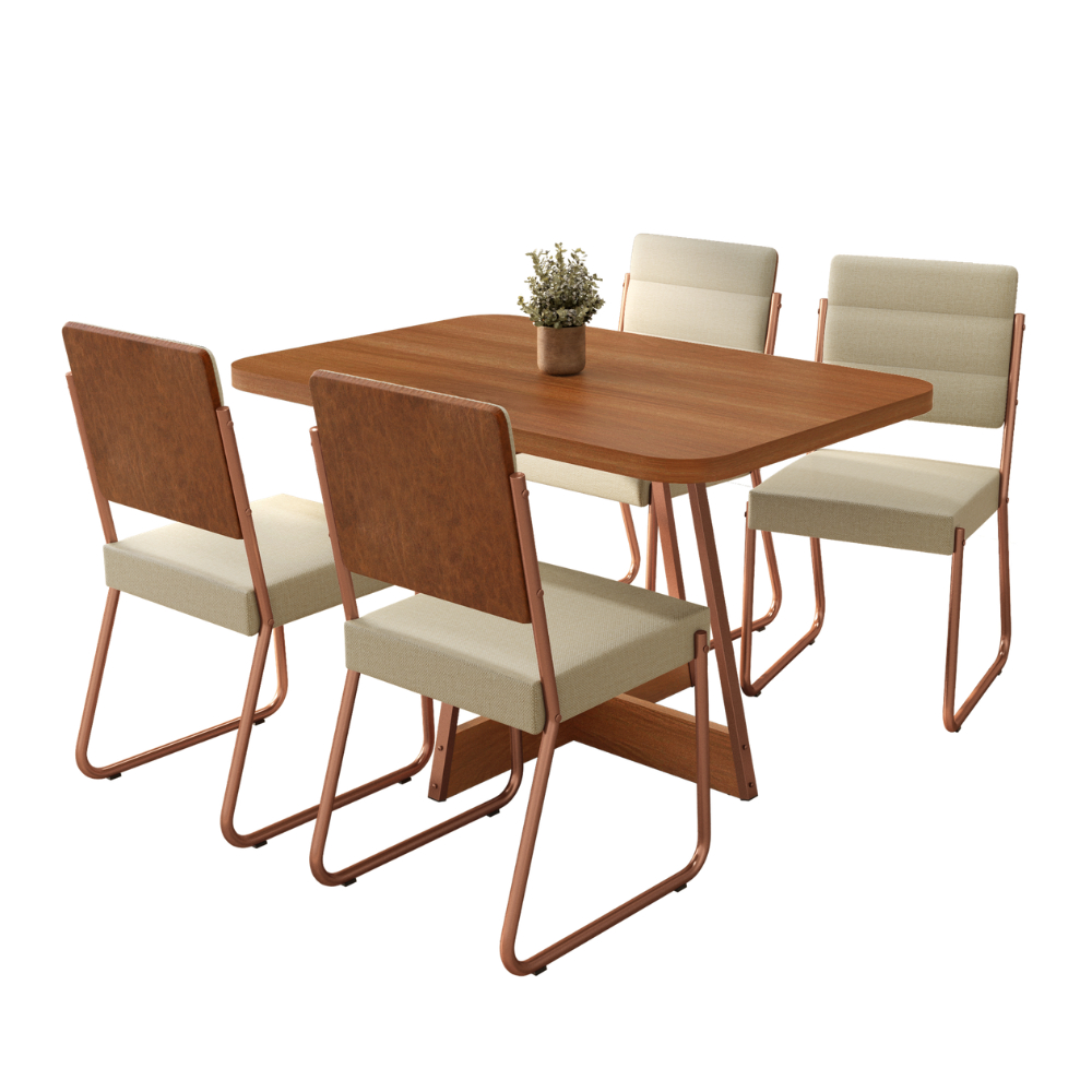 Conjunto Sala de Jantar 4 Cadeiras Madu Carraro Nogal Rosê