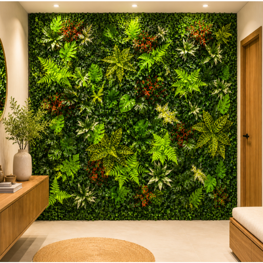 Painel Verde Artificial 40x60cm com Flores Placa Decorativa Jardim Vertical Parede