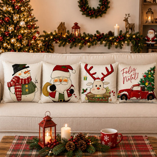 KIT 4 CAPAS DE ALMOFADAS DECORATIVAS NATAL PAPAI NOEL ,BONECO DE NEVE E RENA - TAMANHO 45X45