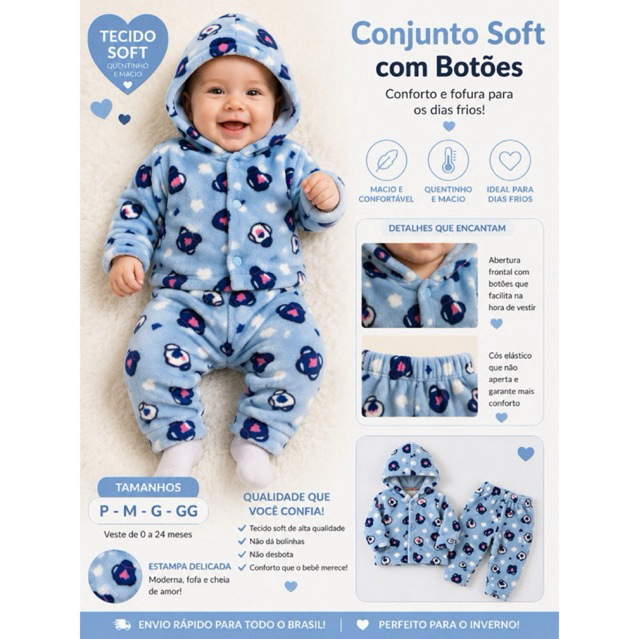 Conjunto Infantil Soft Fleece Com Capuz Menino Menina Confortável Quentinho Roupa de Frio Bebê P M G