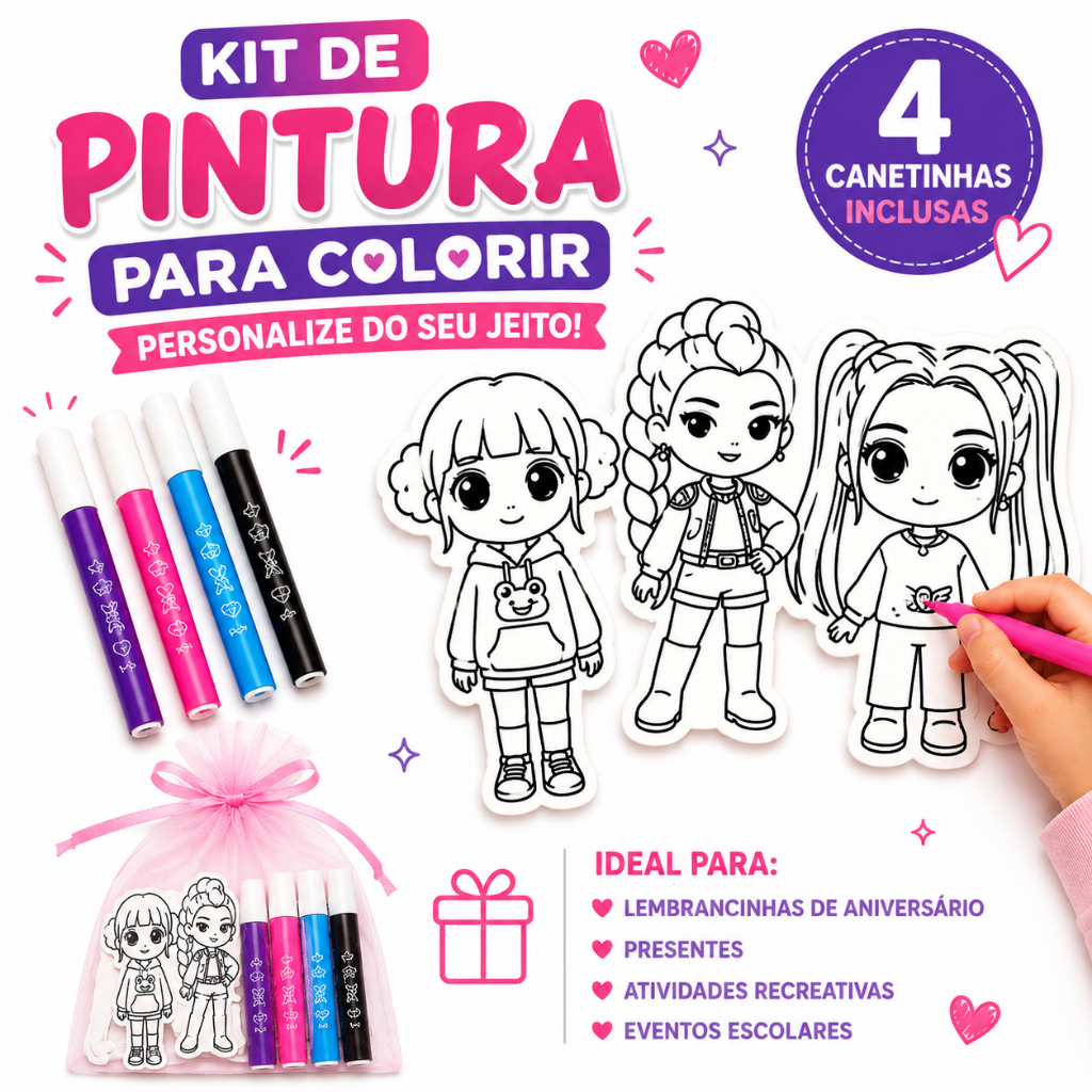 Kit de Pintura Guerreiras do Kpop Personalizado | Impressão 3D + 4 Canetinhas | Lembrancinha de Aniversário