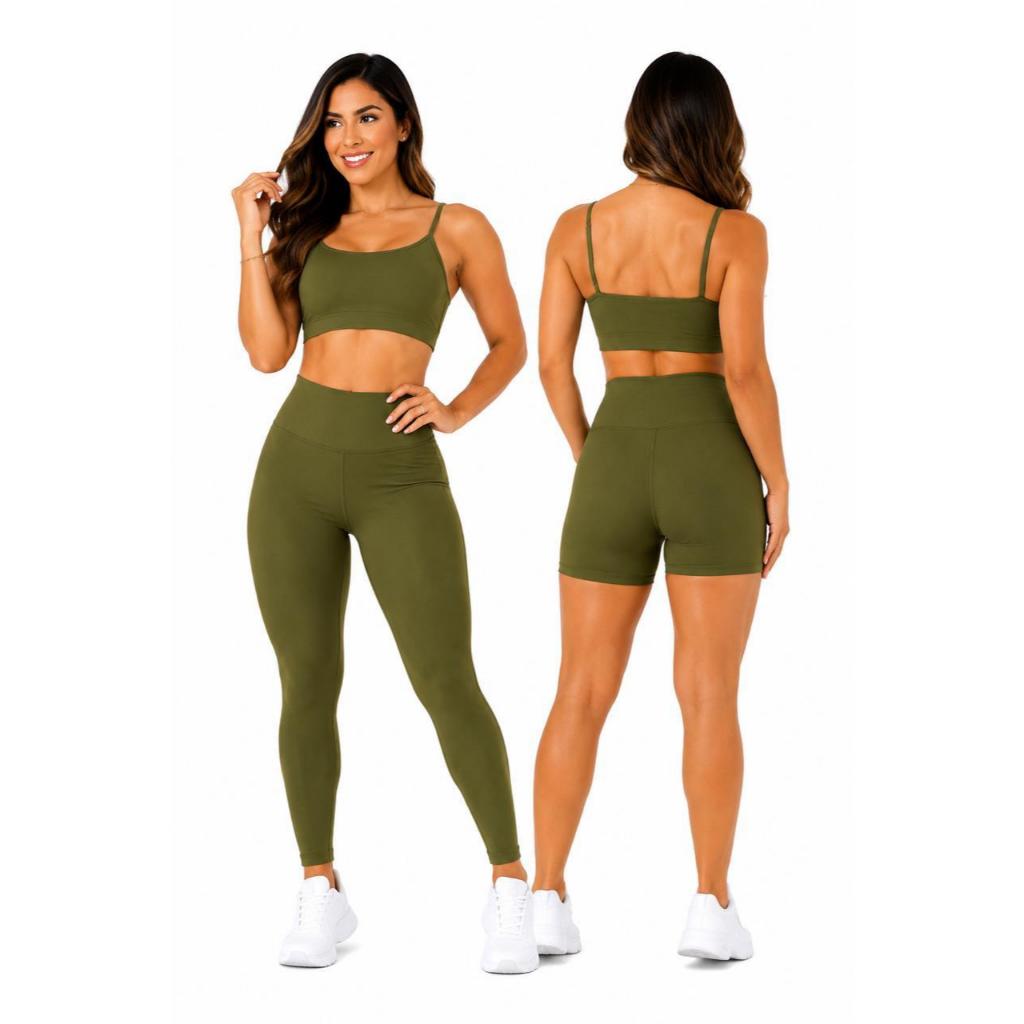 Trio Conjunto Academia Feminino Poliéster + Elastano Premium | Legging, Shorts e Top Alta Compressão