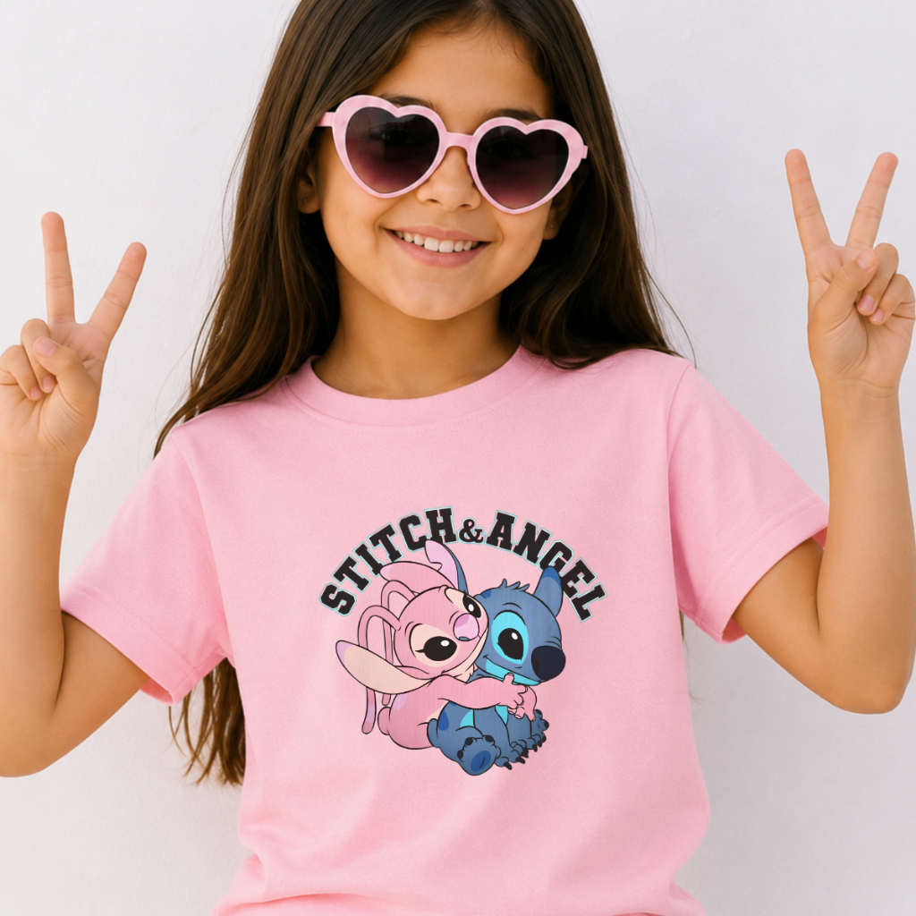 Camiseta Infantil Stitch e Angel T-shirt Lilo & Stitch Feminina 100% Algodão Promoção