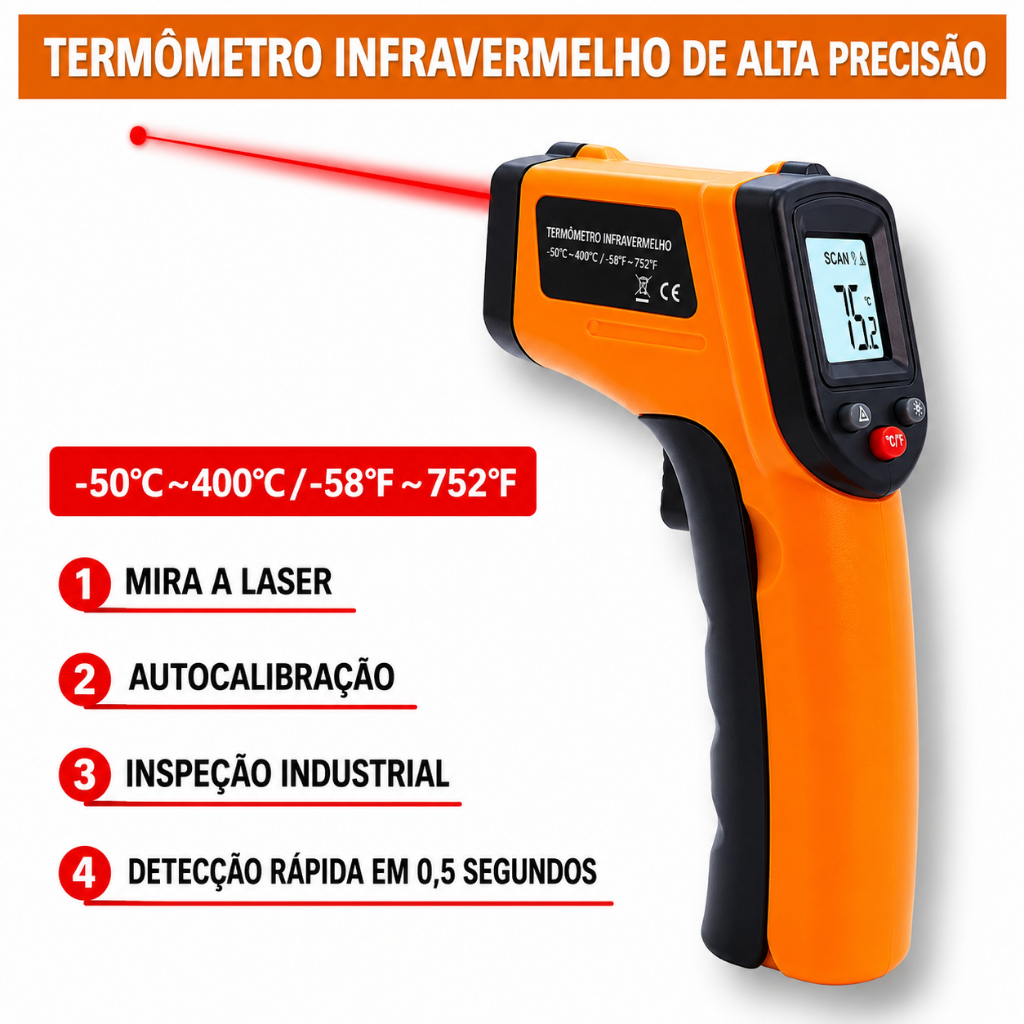 Termômetro Infravermelho Portátil Sem Contato [-50°C;400°C] para Uso Industrial, Doméstico e Automotivo