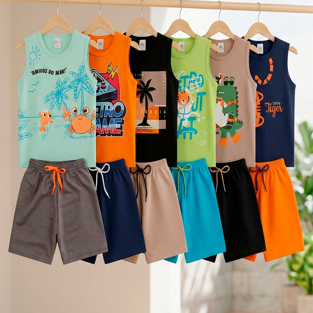 Kit 6 Peças de Conjunto Regata para Meninos - 3 Regatas e 3 Bermudas, Tamanhos Disponíveis de 1 a 10 · foto 2