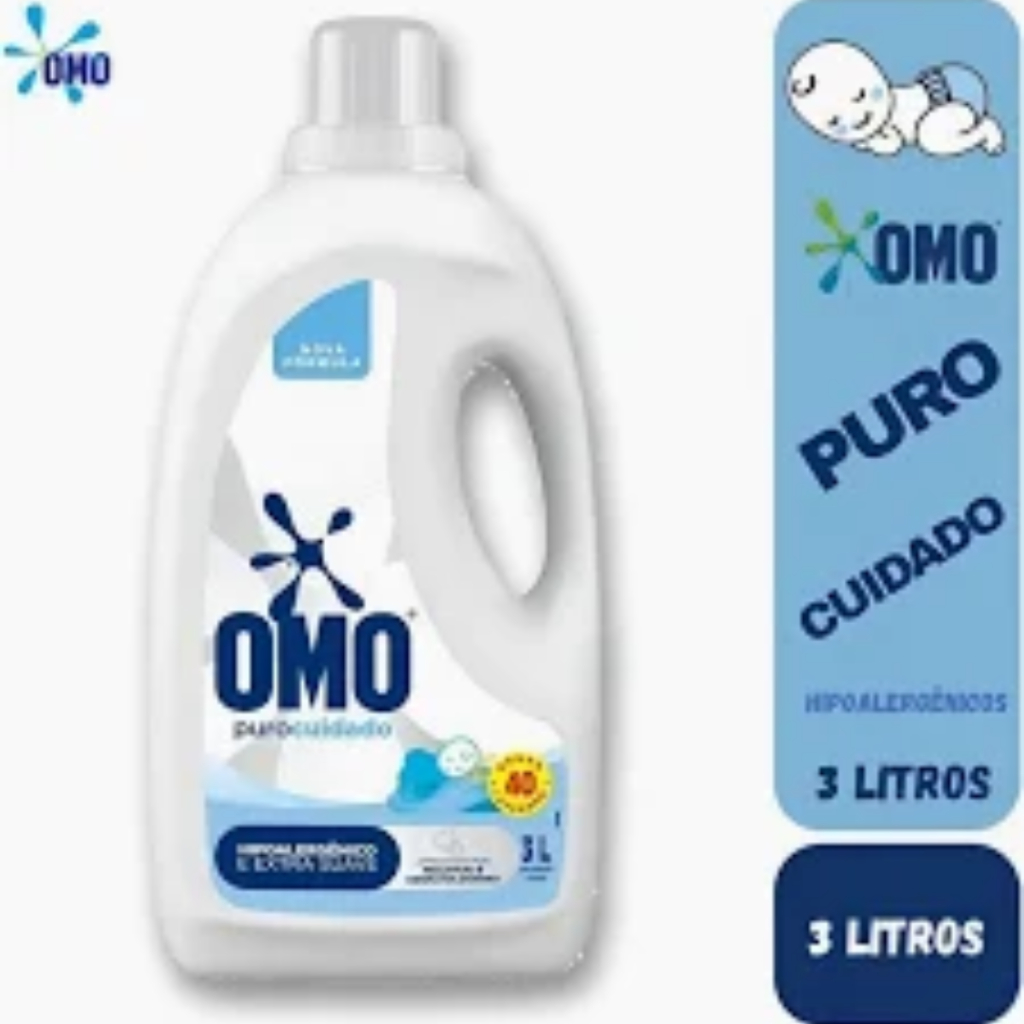 Lava Roupas Líquido OMO Puro Cuidado 3L Hipoalergênico Para Bebê Pele Sensível Original