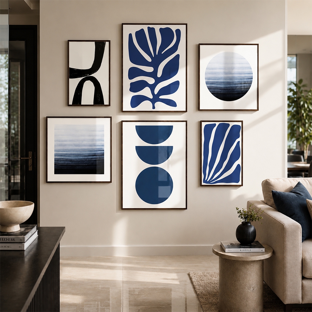 Quadro Decorativo Abstrato Azul Linear Minimalista Kit 6 Peças Sala Quarto Escritório