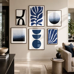 Quadro Decorativo Abstrato Azul Linear Minimalista Kit 6 Peças Sala Quarto Escritório