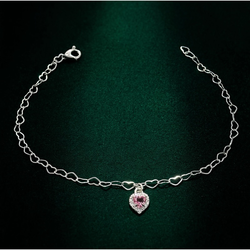 Pulseira Feminina Prata 925 Elos de Corações Coração Rosa Bebê Cravejado Delicad