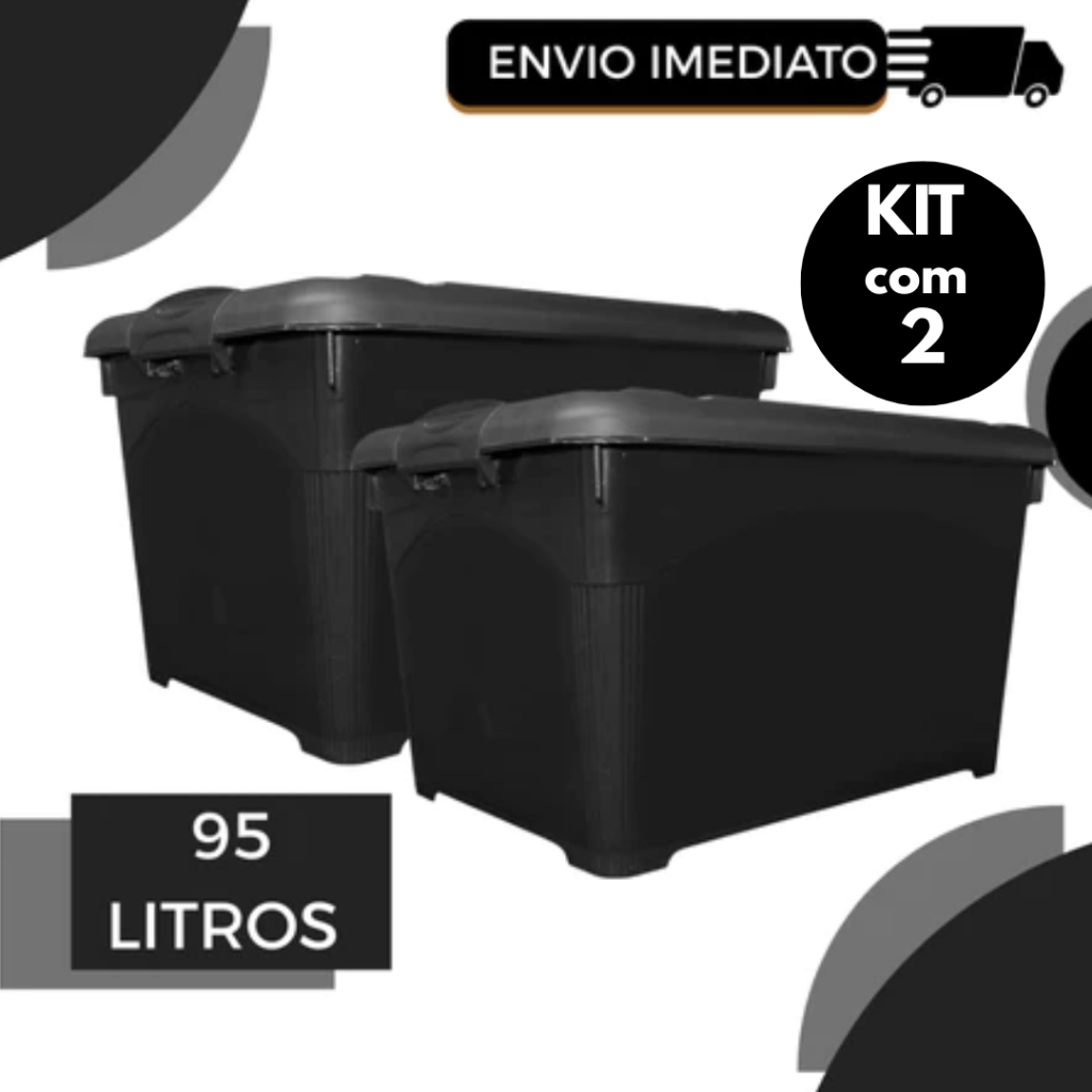 Kit com 2 Caixas Organizadoras 95 Litros com Tampa, Travas de Segurança e Rodinhas Multiuso Resistente