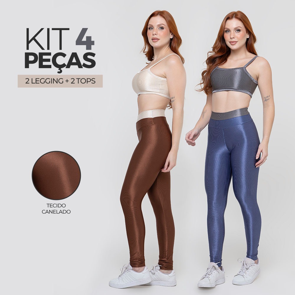 Conjunto Fitness Feminino Trilobal Canelado Brilhoso – Top + Legging Cós Alto Modelador Academia