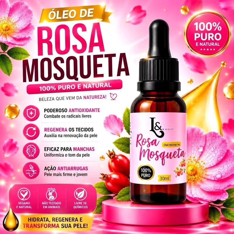 Óleo De Rosa Mosqueta 100% Puro L&Beauty 30ml Clareador Tira Manchas Antirrugas Linhas de Expressão