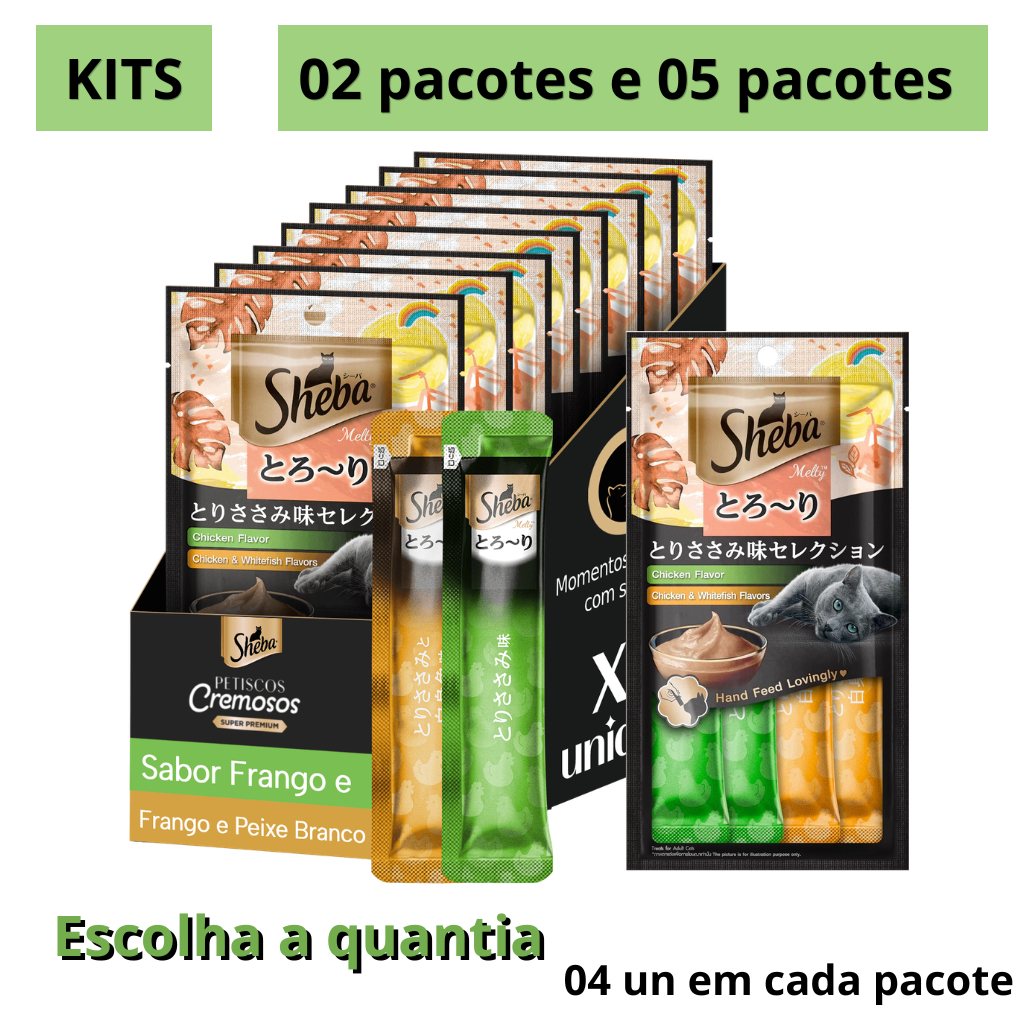 Churu Snack Sheba Cremoso Frango e peixe para Gatos kit 02 e kit 05 pacotes com 4 tubetes de 12 gramas Total 08 UN