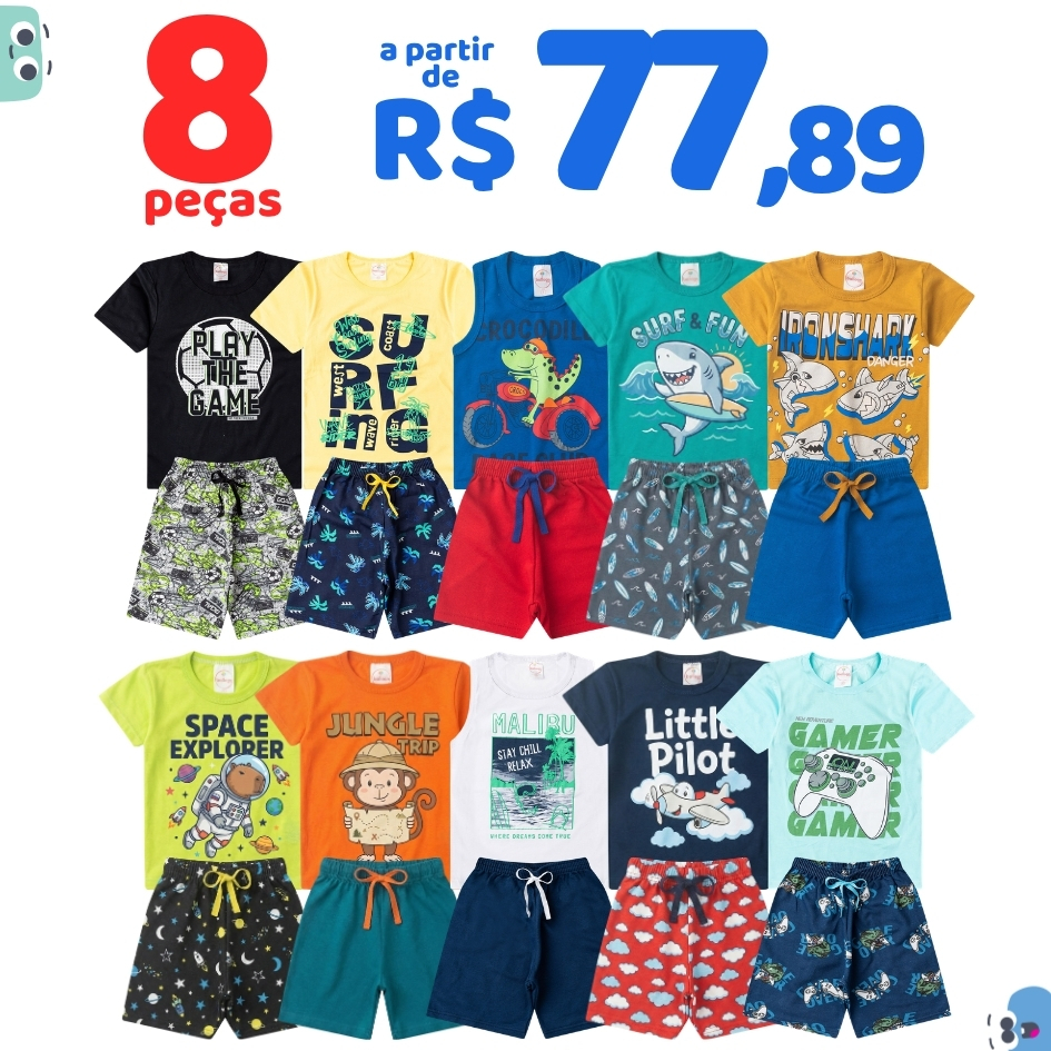 Kit 8 Peças Roupa Infantil Menino Verão Conjunto Masculino Criança Algodão 4 Camisetas + 4 Bermudas Tamanho 1 ao 14