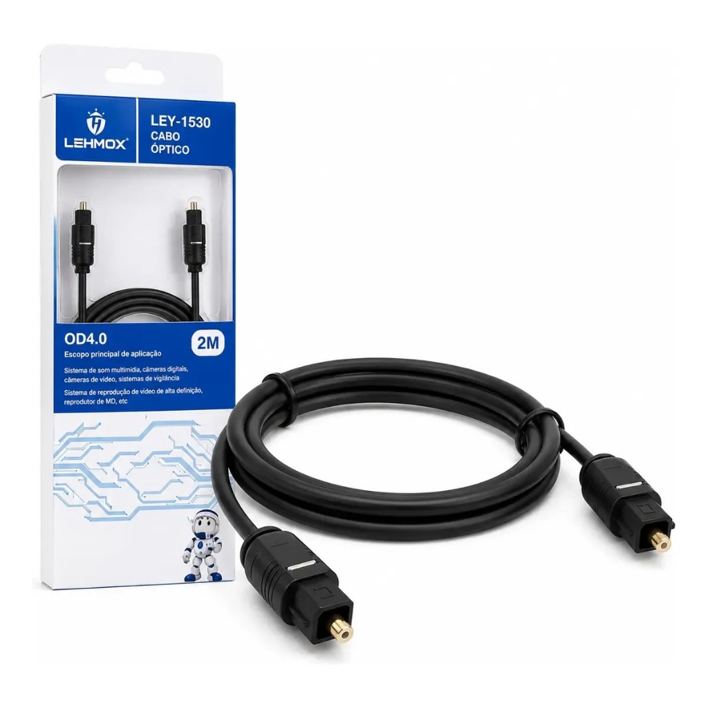 Cabo Fibra Óptica Toslink 2m SPDIF Áudio Digital TV Home Theater Soundbar