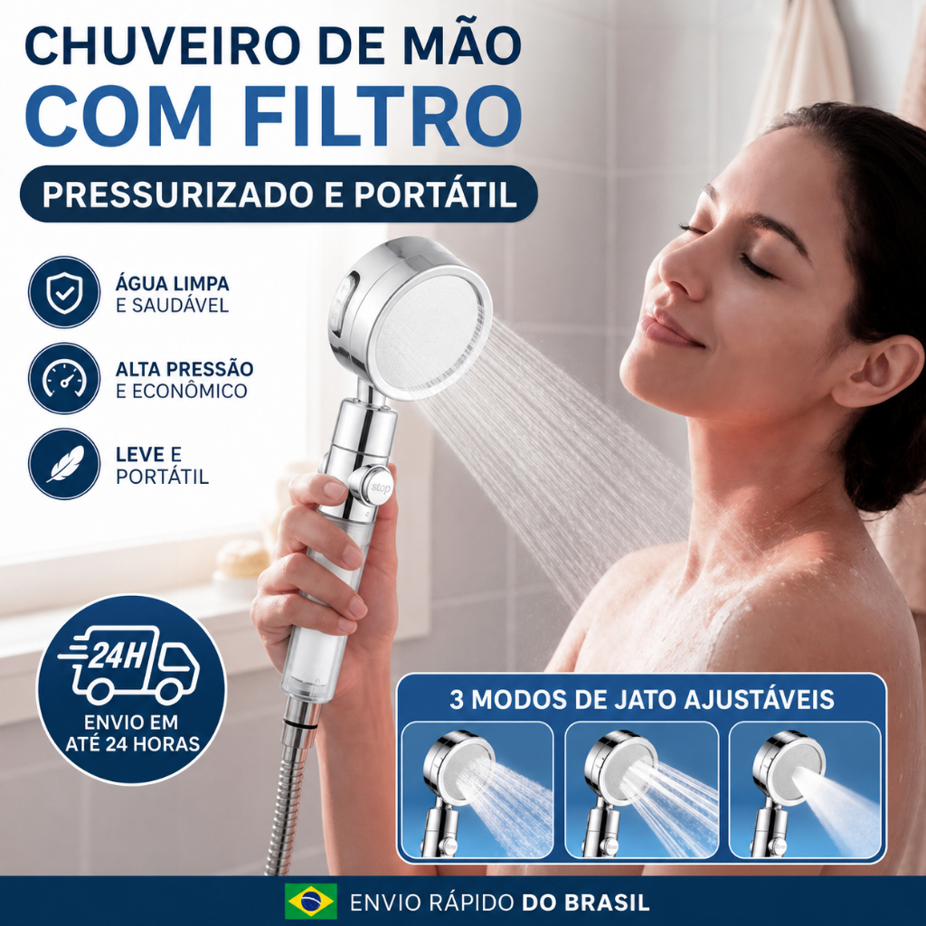 Chuveiro de mão de alta pressão spray forte,3 modos com filtro pressão ajustável