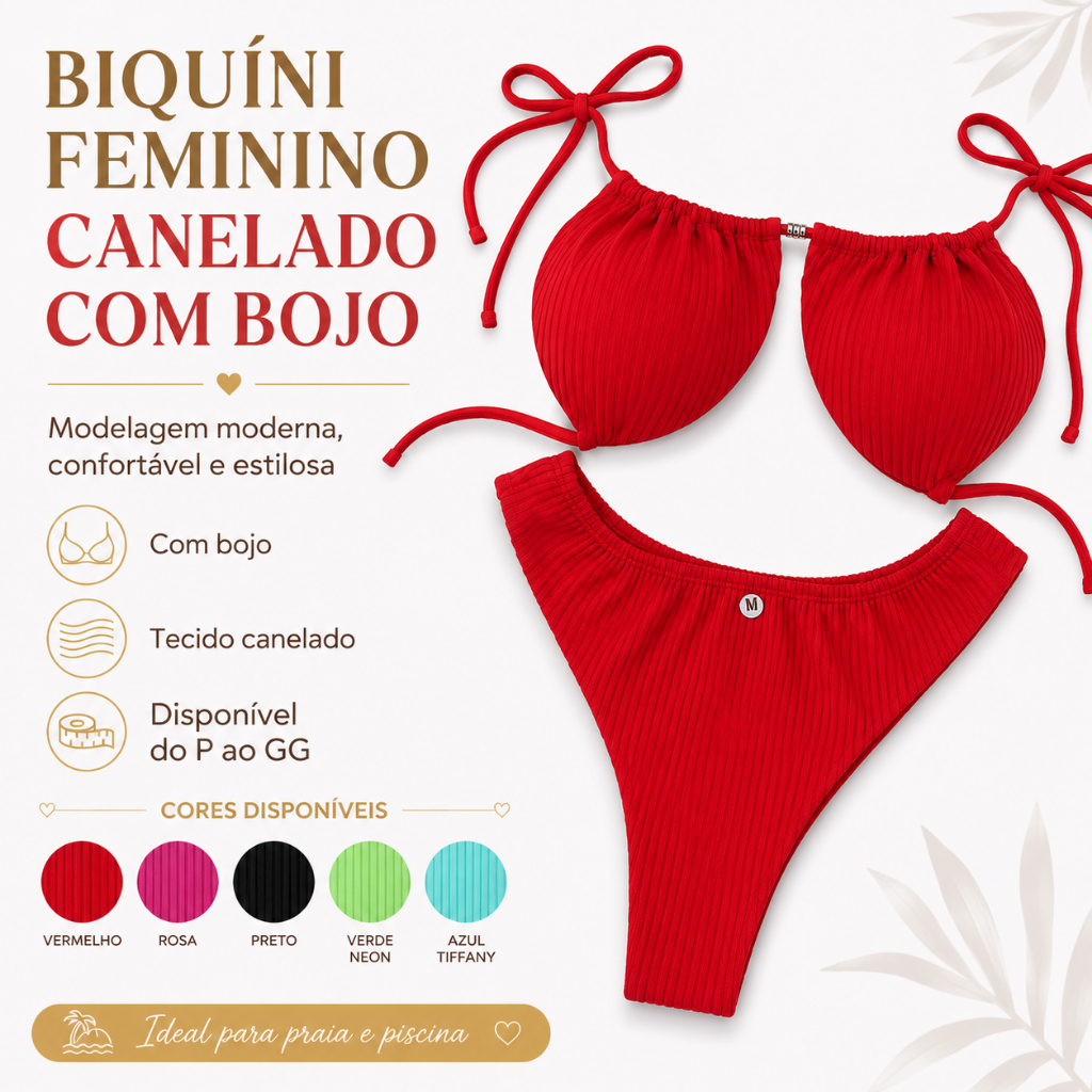 Biquíni Feminino Canelado Cortininha Fio Duplo Bojo Removível Moda Praia