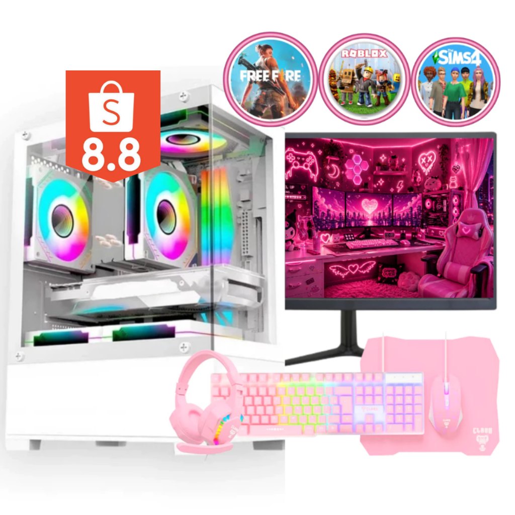 Computador Gamer Completo Branco e Rosa Teclado Mouse Fone de ouvido Roblox Free fire