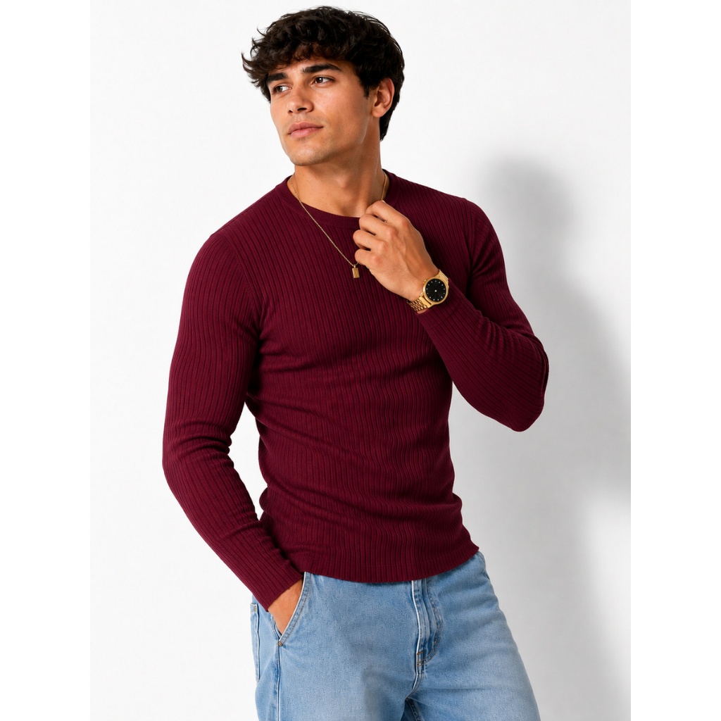 Camisa Masculina Malha Canelada Slim Manga Longa