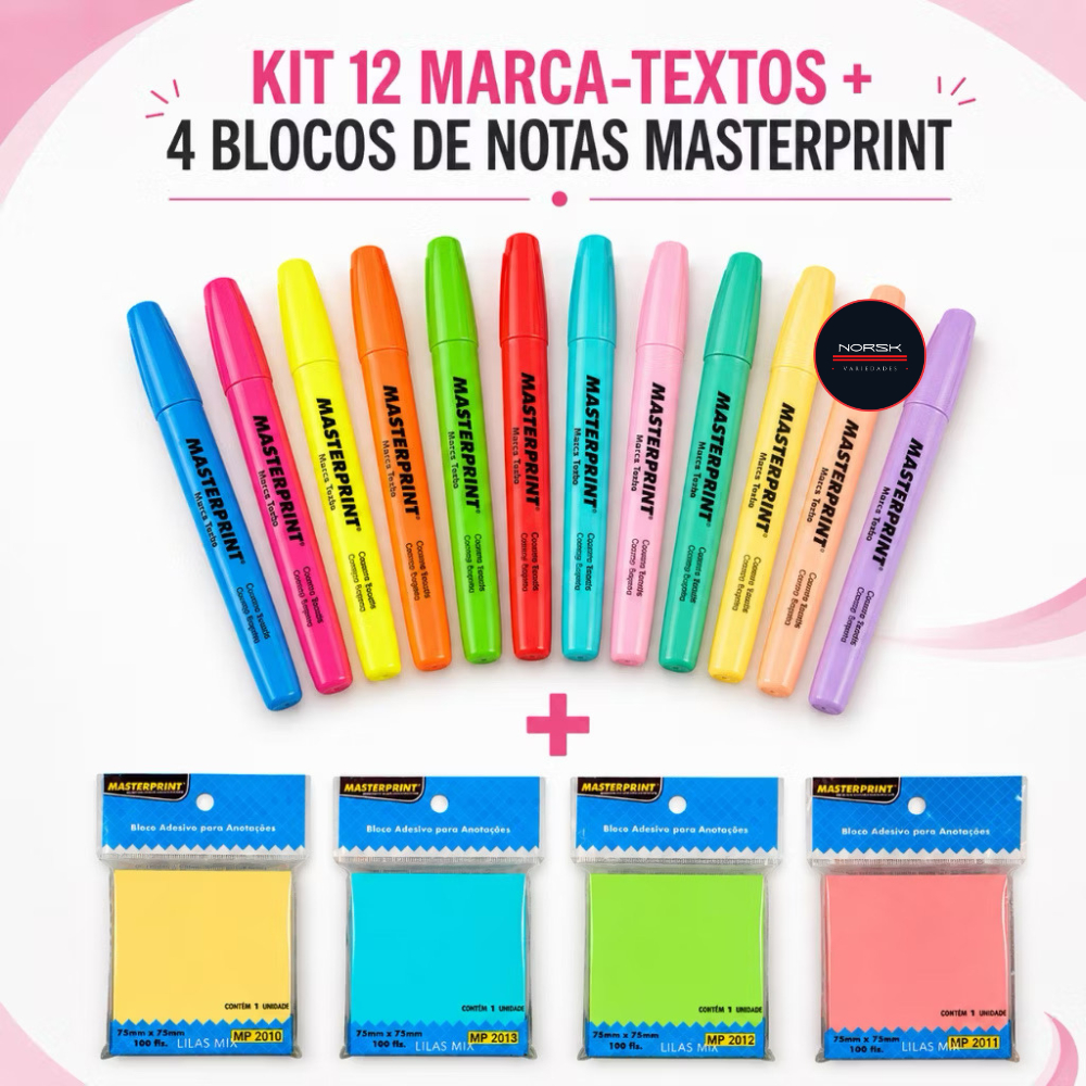 Kit 12 Marca Texto Masterprint (6 Neons + 6 Pastéis) + 4 Blocos Notas Adesivo Marcador Páginas